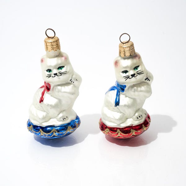 Adorno navideño vintage de gato, gato blanco, cristal, República Checa, SE VENDE POR UNIDAD