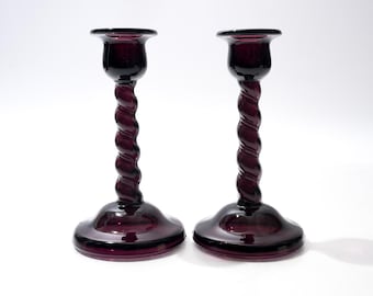 Vintage Purple Glass Candlestick Holders,  Amethyst, Spiral, Tiffin