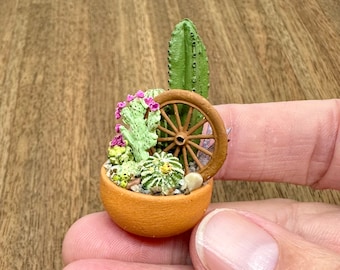 Miniature handmade cactus and succulent planter, 1/12 scale