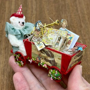 Miniature handmade Gilles Roche teddy bear cart, 1/12 scale