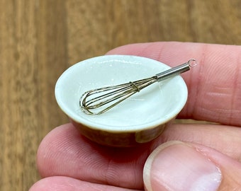 Miniature handmade whisk and mixing bowl, 1/12 scale