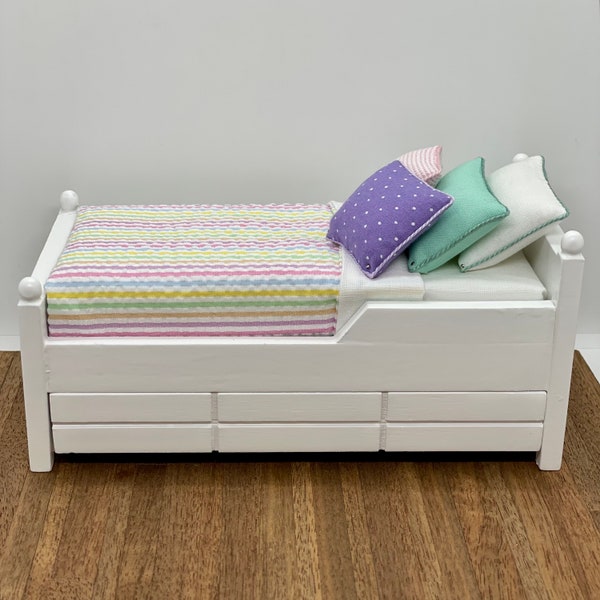 Miniature dressed trundle bed, 1/12 scale