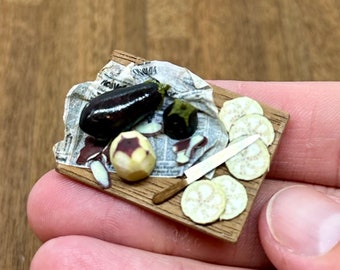 Miniature handmade eggplant prep board, 1/12 scale