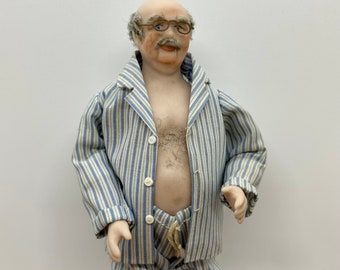 Miniature handmade old man in pajamas doll, 1/12 scale