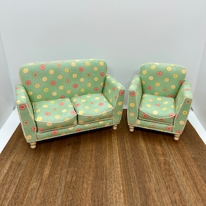 Miniature handmade upholstered sofa and chair, 1/12 scale