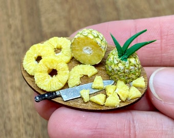 Miniature handmade sliced pineapple prep  board, 1/12 scale