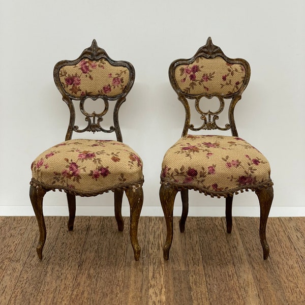 Miniature June Clinkscales pair of handmade side chairs, 1/12 scale