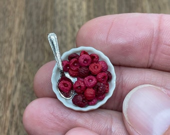 Miniature handmade dish of raspberries, 1/12 scale