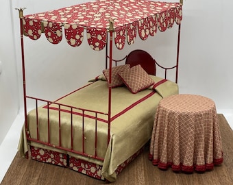 Miniature Dressed Regency style canopy bed and draped table, 1/12 scale