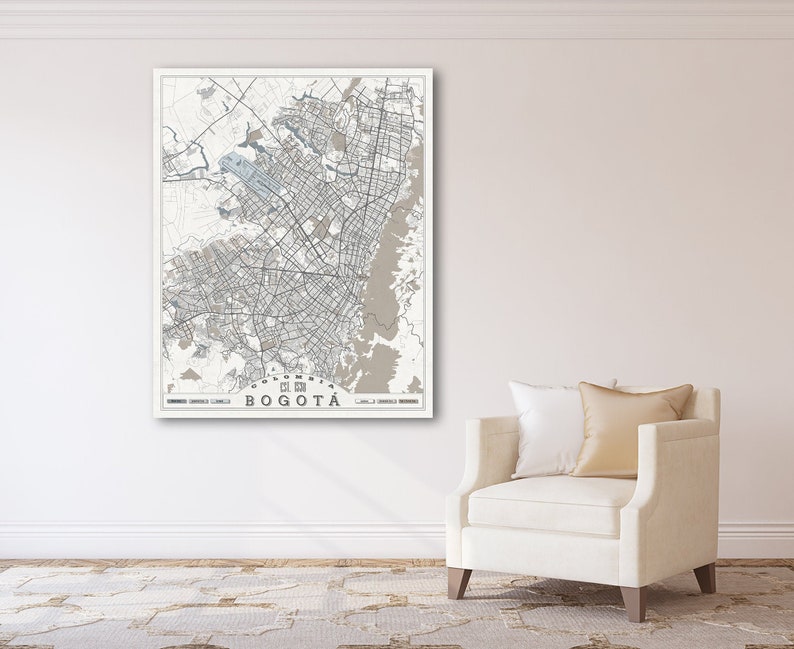 BOGOT\u00c1 Colombia Canvas Map Bogot\u00e1 City Street Map Pastel Light Wall Art Oversized Neutral White Gray Beige Minimalist Ready to Hang