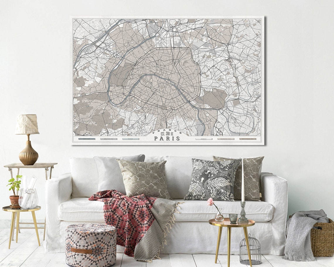 PARIS Canvas Print France City Map Soft Pastel Colors Wall Etsy