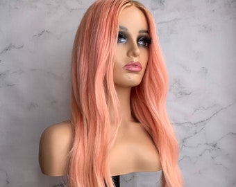 Peluca de cabello humano frontal de encaje rosa bebé enraizada