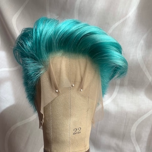 Boy Men Cut Shaved Blue Teal Full Lace Human Hair Wig