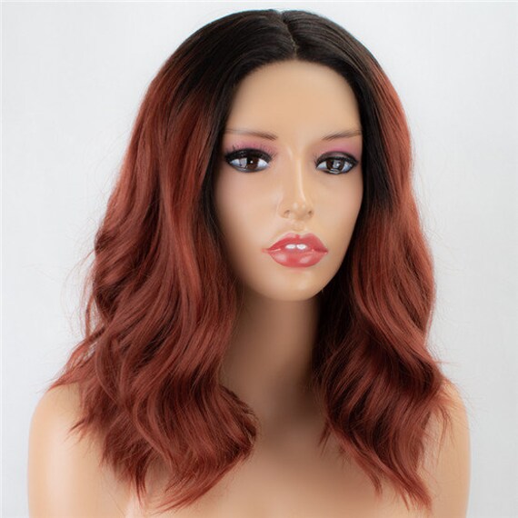 Dark Roots Ombre Auburn Short Wavy Bob Synthetic Lace Front Etsy