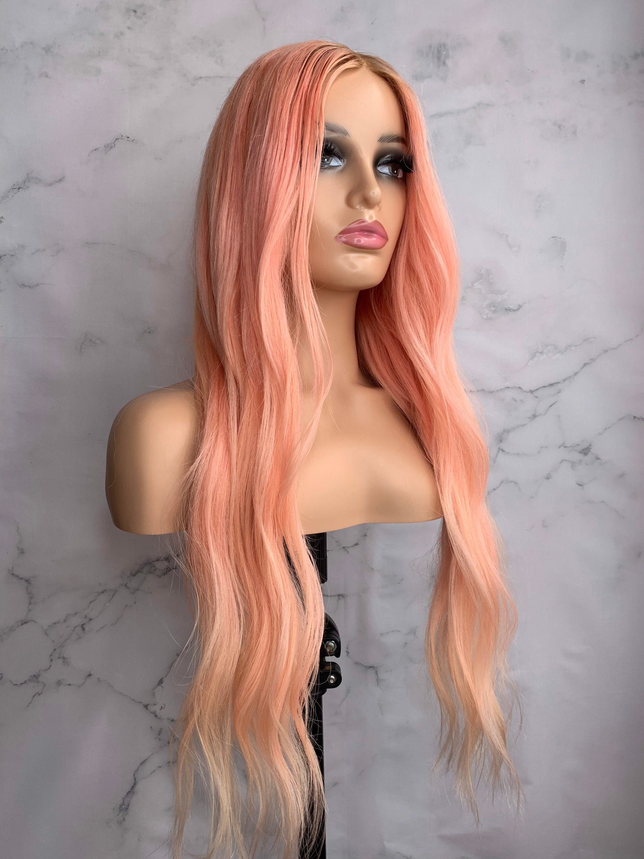 Kesha, Synthetic Wig Lace Front Wig, Low Density Ombre Dark Roots Rose Pink  Hair Wig 