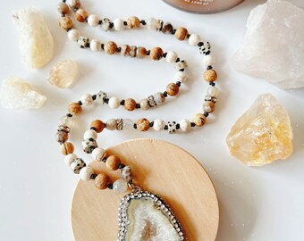 Rhinestone Jasper Beaded Necklace | Long Beaded Crystal Necklace | Rhinestone Crystal Pendant Necklace | Boho Gift for Her | Crystal Gift