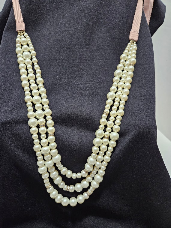 Vintage Faux pearl Strands Ribbon Necklace