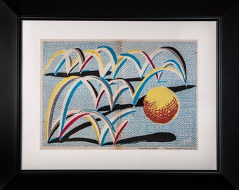 May include: A framed print of a colorful abstract art piece featuring a yellow and red circle surrounded by black, blue, yellow, and red lines against a blue background with a white dotted pattern. The print is titled "A Dance for Spring, February 24, 1950" and signed "A. David Harewood Original".