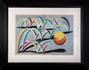 May include: Abstract art print in a black frame. The artwork features colorful arch shapes in blue, yellow, red, and black, set against a textured blue background. A yellow sphere with red detailing is also present. The print is titled "Bounce for the Beat" and signed.