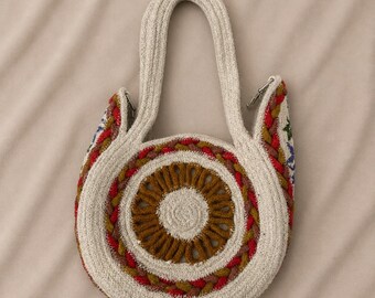 Artisanal Boho Circle Jute Tote with Braided Mandala & Zipper