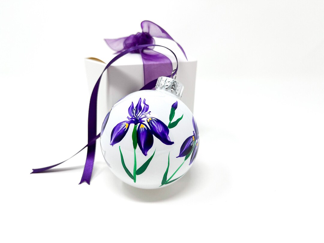 Purple Iris Ornament Ball, Hand Painted Holiday Christmas, Glass