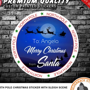 20 Personalised Christmas Stickers / Labels. Christmas present stickers from the North Pole with Santa's Sleigh & Reindeer.