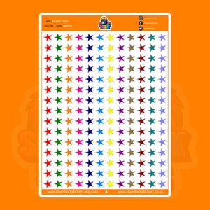 May include: A sheet of 100 colorful star stickers. The stars are in 10 different colors: red, green, orange, pink, blue, light blue, yellow, purple, brown, and teal.