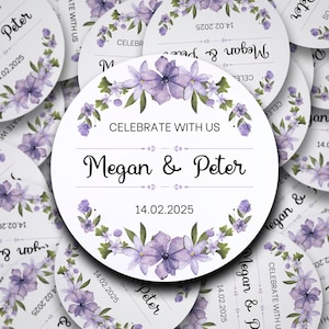 Adesivi personalizzati per matrimonio a tema floreale viola, adesivi "save the date", adesivi per bomboniere, adesivi personalizzati per matrimonio
