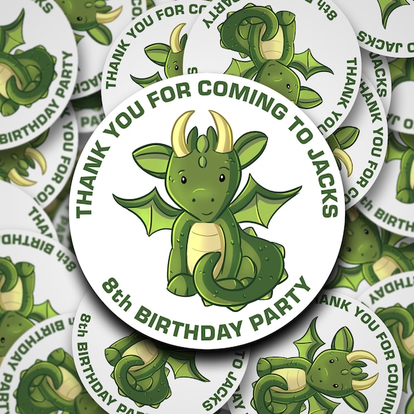 20 50mm Green Dragon birthday party stickers, Birthday Party Bag Stickers, Personalised birthday stickers, Childs birthday stickers