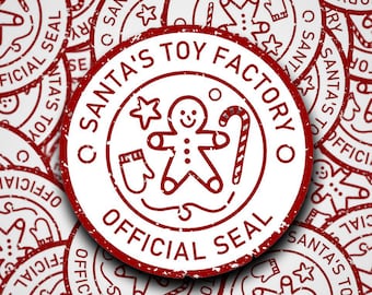 Adesivo con sigillo ufficiale della fabbrica di giocattoli di Babbo Natale • Etichetta per lavoretti natalizi • Timbro di pan di zenzero rosso • Sigillo per imballaggio natalizio