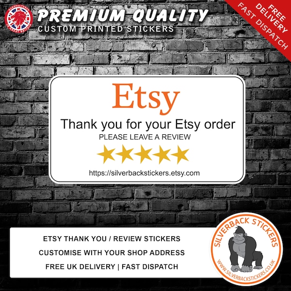60 Personalised Etsy thank you, please leave a review stickers. Personalised Etsy Review Stickers. Add the address of your Etsy Shop.