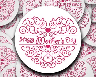 White and Pink Happy Mothers Day stickers with a heart made out of swirls | Mothers day stickers for gifts, cards, letters, products.
