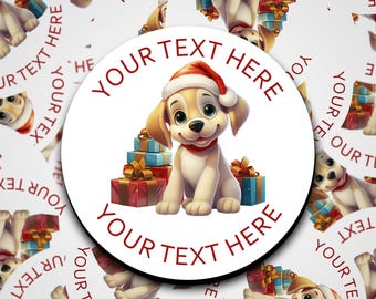 Personalised cute dog in Santa Hat Stickers, Personalised Stickers, Christmas Gift Labels, Christmas Labels, Christmas child with presents