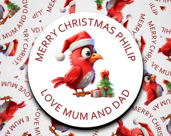 Adesivi natalizi personalizzati Red Robin, adesivi personalizzati, etichette regalo di Natale, etichette natalizie, bambino di Natale con regali