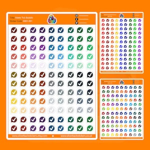 May include: A sheet of 100 matte finish bubble stickers with a white tick in a speech bubble. The stickers are in various colours, including red, orange, yellow, green, blue, purple, brown, and grey. The sheet is labelled "Matte Tick Bubble" and "Sticker Code: 001-001".