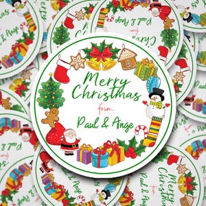 Childish wreath stickers - Sticker design with childhood Christmas images made into a wreath. Christmas present stickers, Christmas stickers