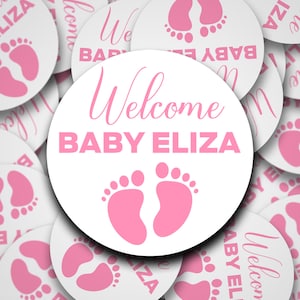 26 pegatinas personalizadas de bienvenida al bebé de 50 mm. Pegatinas para recién nacidos. Pegatinas para revelar el sexo del bebé. Pegatinas para bolsas de fiesta.