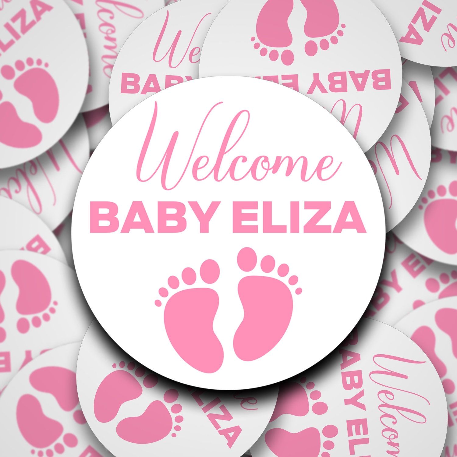 MameArt 50 Stickers Personnalisés Baby Shower - Prénom Et Date - 4 Cm - étiquettes Autocollantes Rose