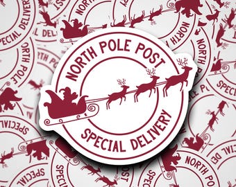 Adesivo postale del Polo Nord • Slitta di Babbo Natale, renne, consegna speciale