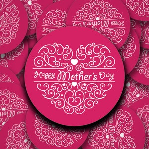 Pegatinas rosas del Día de la Madre con un corazón en blanco hecho con remolinos / Pegatinas del Día de la Madre para regalos, tarjetas, cartas, productos.