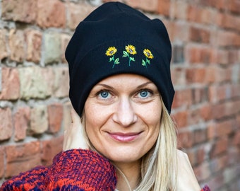 Black embroidered beanie with sunflowers embroidery, Gift for friend