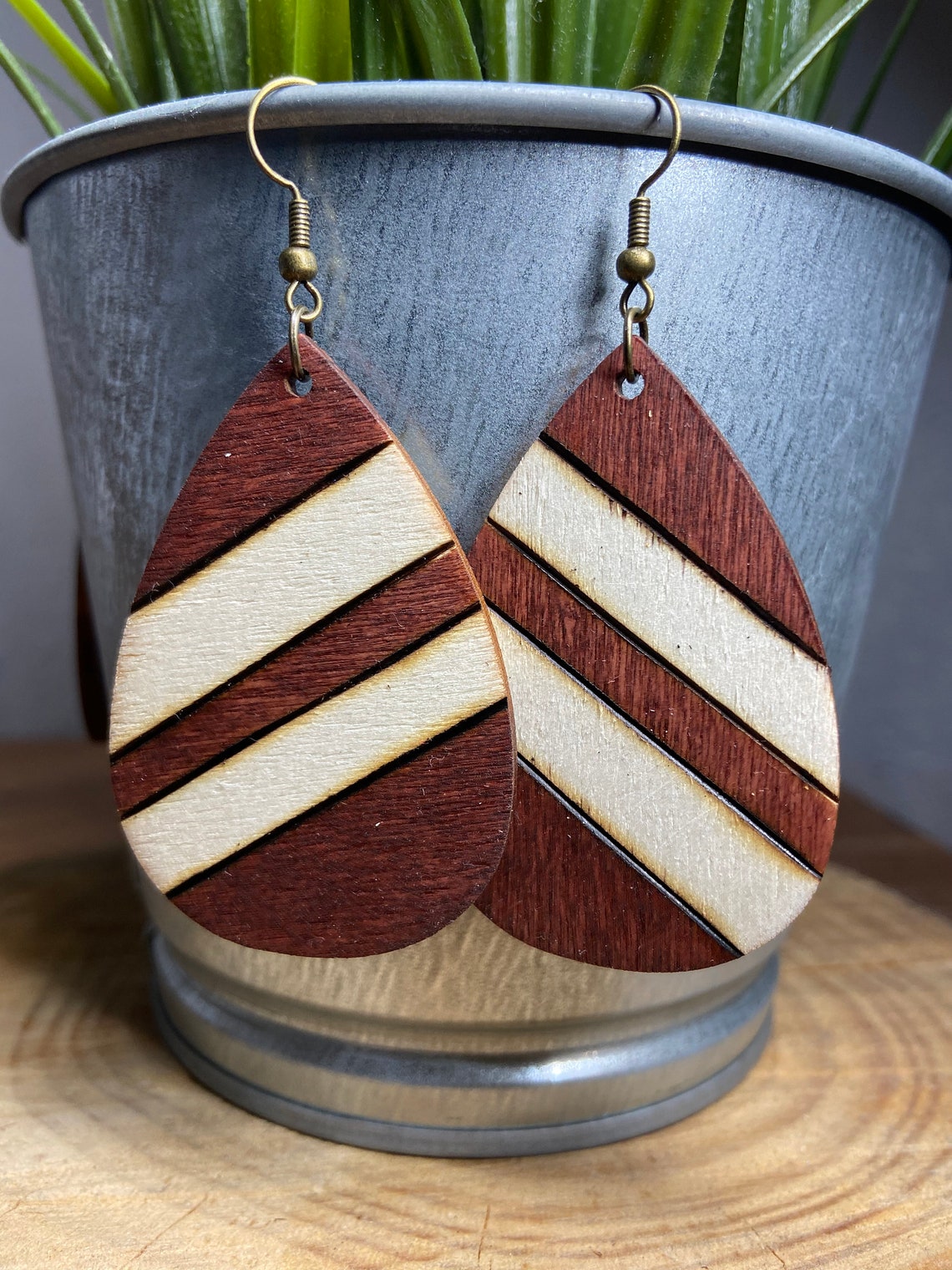 Hand Painted Teardrop Red Oak Wood Earrings Wood Burn Outline Earrings