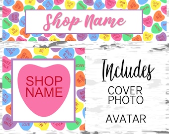 Valentine's Day Etsy Shop Graphic Set, Banner, Avatar, Candy Hearts, Etsy shop set, Etsy Cover, Etsy Banner, Valentine, Conversation Hearts