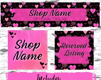 Valentine's Day Etsy Shop Graphic Set, Banner, Avatar, Pink and Black, Etsy shop set, Etsy Cover, Etsy Banner, Pink Hearts