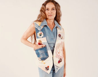 Denim Vest/ Quilt Vest/ Quilt Denim Vest/ Quilted Vest/ Folk Art Vest/ Patchwork Vest/ Patchwork Denim Vest/ 70's Denim Vest/ Hippie Vest