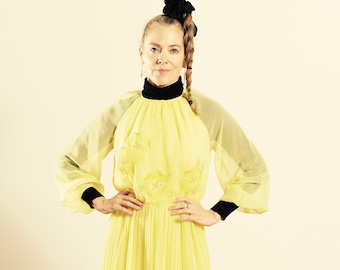 Vintage Chiffon Dress/ Yellow Chiffon Dress/ 70's Chiffon Dress/ Hand Made Chiffon Dress/ Chiffon Midi Skirt Dress/ Size S