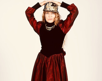 80s Taffeta Dress, Burgundy Velvet, Big Bow, Long Sleeve Holiday Gown