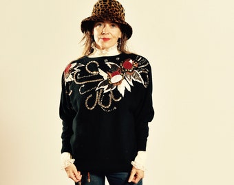 Maurada Sweater/ 80's Sweater/ 80's Appliqué Sweater/ 80's Beaded Sweater/ 80's Black Sweater/ Size M