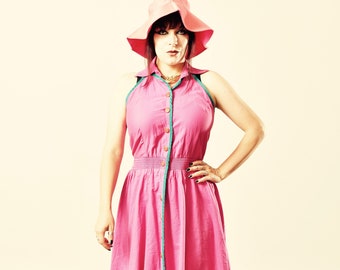 80's Pink Sundress, Halter Top, Keyhole Cotton Summer Dress, Jeanne Marc