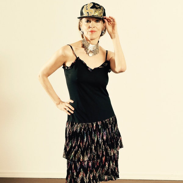 Vintage Disco Dress/ Vintage India Dress/ Metallic Dress/ Black Sparkle Dress/ 80's Flapper Dress/ Made by Katrina/ Size S-M